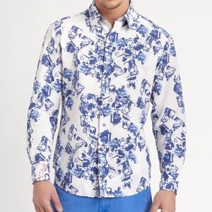 Robert Graham Printed Linen Button Down Shirt Embroidered Point Collar Size 3XLT